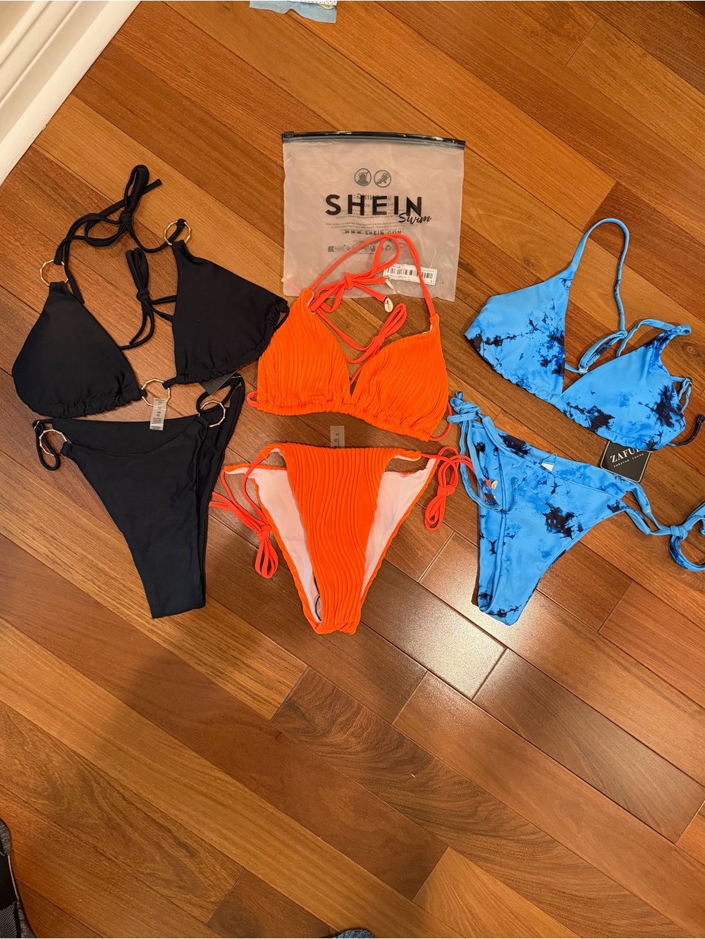 Zaful Orange Ribbed Bikini with Blue Tie-Dye and Black Triangle Sets